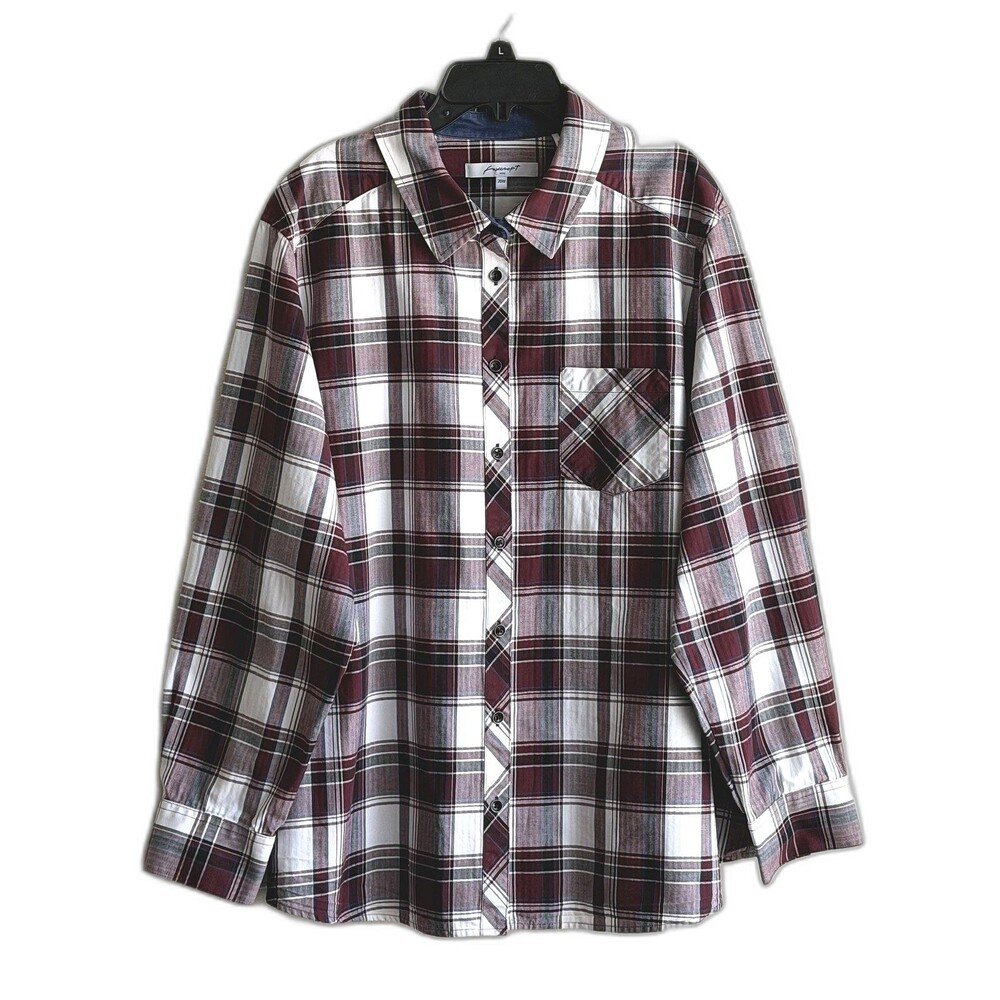 Foxcroft Women 20W Shirt Burgundy White Plaid Button-Down Long Sleeve Shaped Fit
